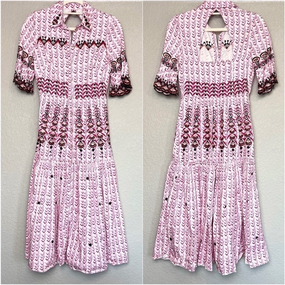 TEMPERLEY Embroidered Short Sleeve Ruffle Tier Button Up Open Back Midi Dress 4
